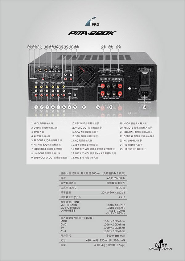 FPRO PMA-880K 專業卡拉OK綜合多功能擴大機 大功率300W+300W 結帳輸入折扣碼PMA880K再打折