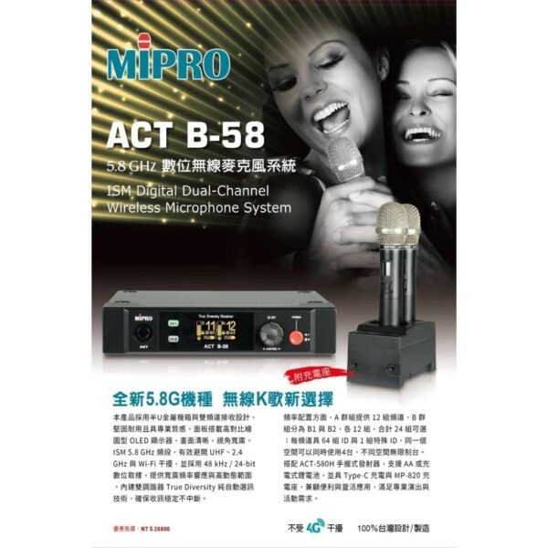 MIPRO (FNSD)嘉強B-58專業旗艦款5.8GHz 數位無線麥克風系統 半U 結帳輸入折扣碼b58再打折